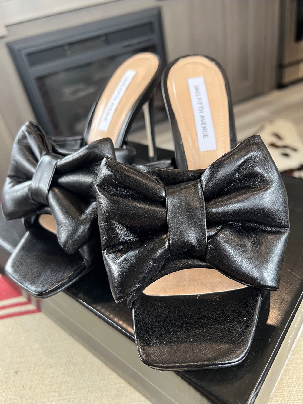 Saks Fifth Avenue Black Leather Bow Mule Heels